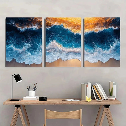3pcs Abstract Ocean Beach Blue & Gold Metal Print Ready to Hang Art