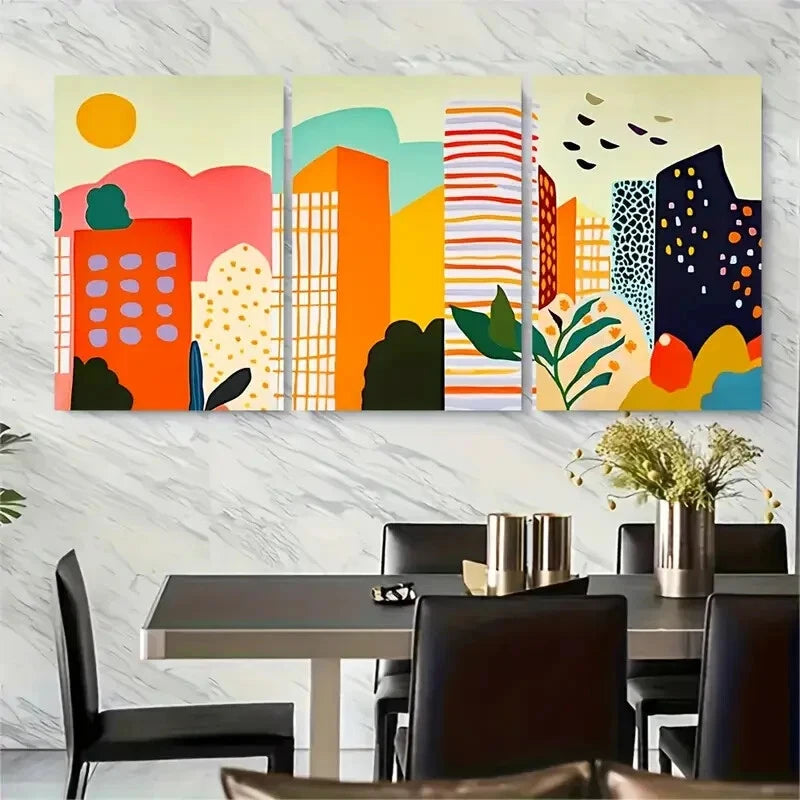 3pcs Colorful City Skyline Skyscrapers Artwork Metal Print Ready to Hang Art