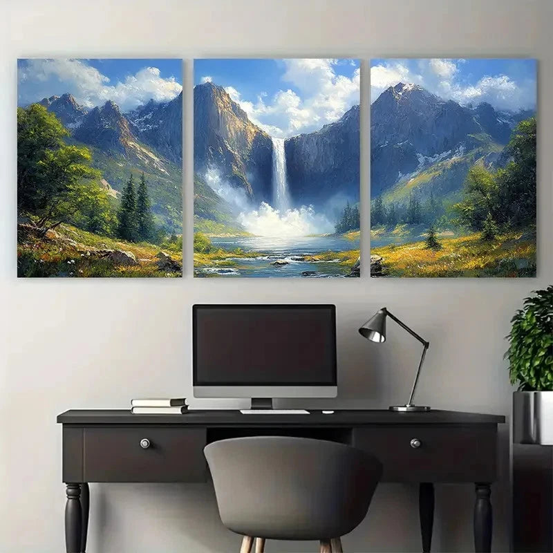 3pcs Yosemite Waterfall Landscape Impasto Design Wall Art Set Canvas Framed 50x70cm - High Quality Print 100% Australian Made Wall Canvas Ready to Hang