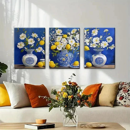 3pcs Blue and White Porcelain Bright Perfect Wall  Art Set Canvas Unframed - High Quality Print 100% Australian Made Wall Canvas