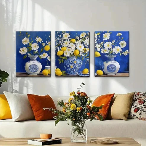 3pcs Blue and White Porcelain Bright Perfect Wall  Art Set Canvas Unframed - High Quality Print 100% Australian Made Wall Canvas