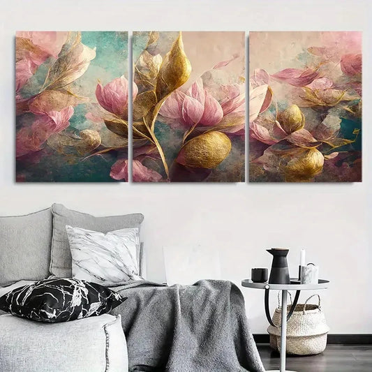 3pcs Elegant Pink & Golden Magnolia Floral Metal Print Ready to Hang Art