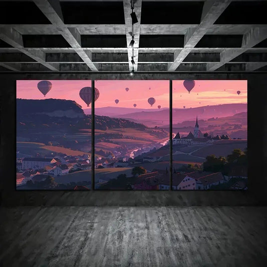 3pcs Hot Air Balloon Sunset Pink Sky Dreamy Metal Print Ready to Hang Art