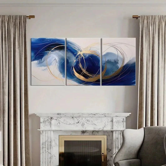3pcs Abstract Art Golden Lines Blue Waves Mode Metal Print Ready to Hang Art