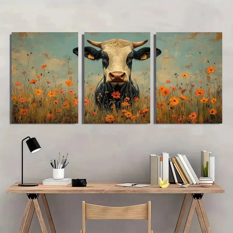3pcs Rustic Cow And Floral Farmhouse Style Metal Print Ready to Hang Art