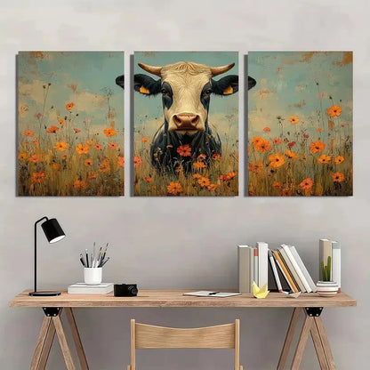 3pcs Rustic Cow And Floral Farmhouse Style Metal Print Ready to Hang Art