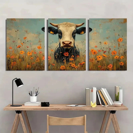 3pcs Rustic Cow And Floral Farmhouse Style Metal Print Ready to Hang Art