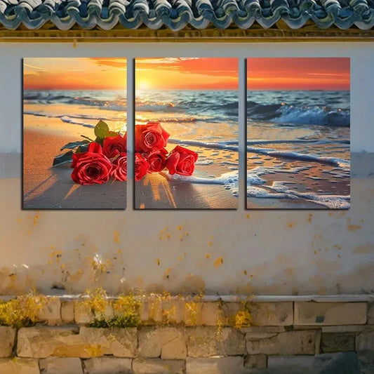 3pcs Vibrant Rose on the Seashore Design Metal Print Ready to Hang Art