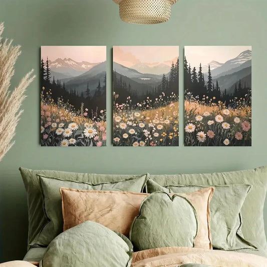 3pcs Wildflower Mountain Sunset Décor Perfect Wall Art Set Canvas Framed 40x60cm - High Quality Print 100% Australian Made Wall Canvas Ready to Hang