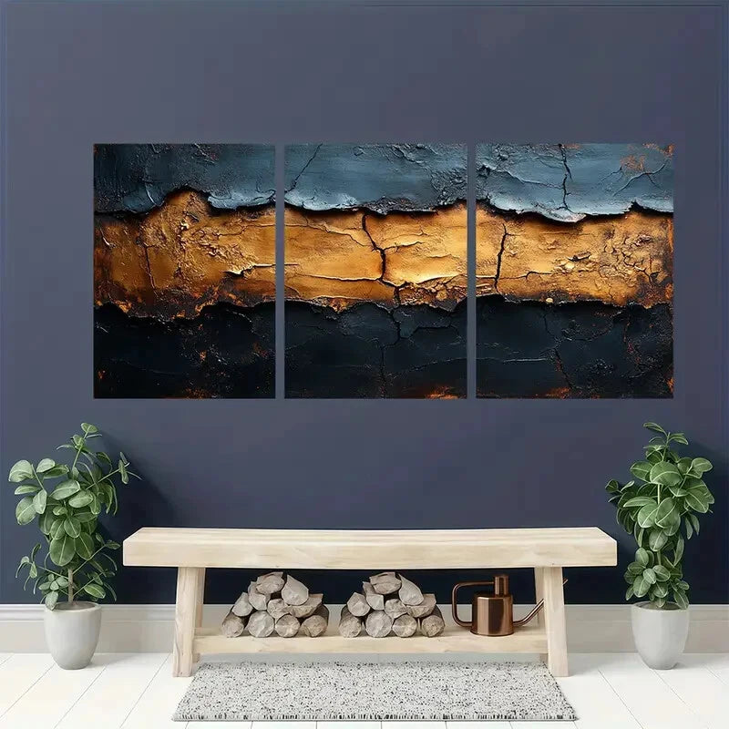 3pcs Wabi Sabi Abstract Black and Brown Textured Metal Print Ready to Hang Art