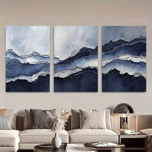 3pcs Abstract Deep Blue and White Wave Wall Art Metal Print Ready to Hang Art