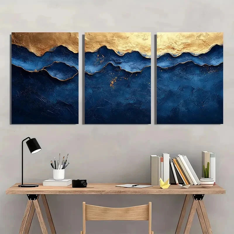 3pcs Abstract Blue & Golden Textured Minimalist Metal Print Ready to Hang Art