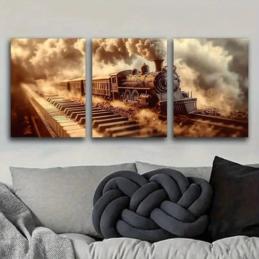 3pcs Old Piano Steam Train Metal Print Ready to Hang Art