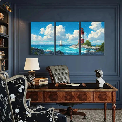 3pcs Lighthouse Sailboat Ocean Waves Blue Sky Metal Print Ready to Hang Art