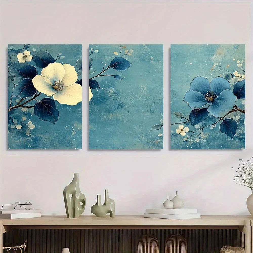 3pcs Vintage Blue & Green Woodblock Metal Print Ready to Hang Art