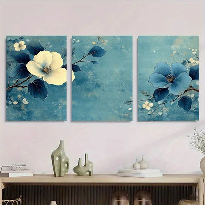 3pcs Vintage Blue & Green Woodblock Metal Print Ready to Hang Art