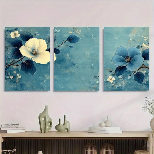 3pcs Vintage Blue & Green Woodblock Metal Print Ready to Hang Art