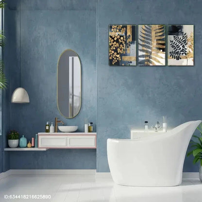 3pcs Botanical Wall Murals with Golden Leaves Metal Print Ready to Hang Art