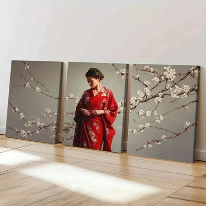 3pcs Woman In Red Kimono, Cherry Blossoms  Wall Art Set Canvas Framed 60x90cm - High Quality Print 100% Australian Made Wall Canvas Ready to Hang