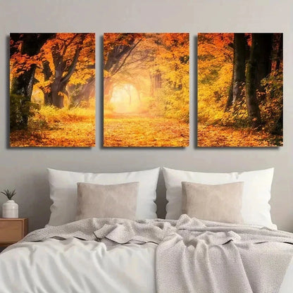 3pcs Autumn Forest Sunset Vibrant Yellow Leaves Metal Print Ready to Hang Art