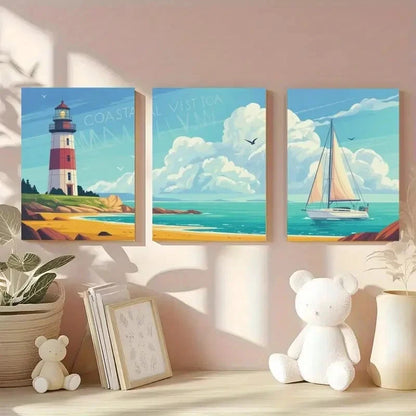 3pcs Blue Sky, Seagulls, Sandy Beach Wall Art Set Canvas Framed 40x60cm - High Quality Print 100% Australian Made Wall Canvas Ready to Hang