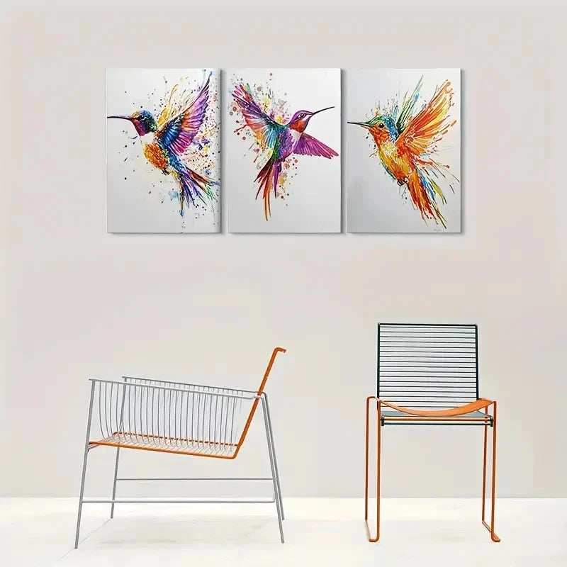 3pcs Colorful Hummingbird Pink and Orange Metal Print Ready to Hang Art