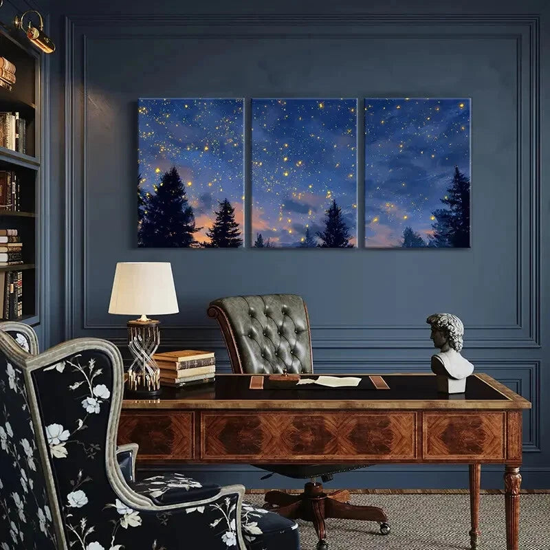 3pcs Enchanted Forest Night Sky Glittering Stars Metal Print Ready to Hang Art