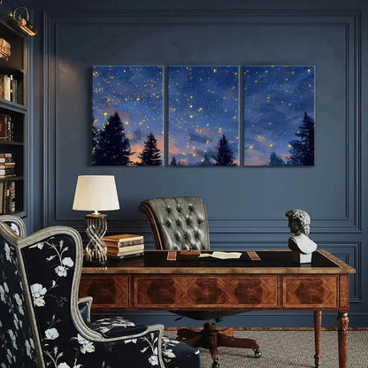 3pcs Enchanted Forest Night Sky Glittering Stars Metal Print Ready to Hang Art