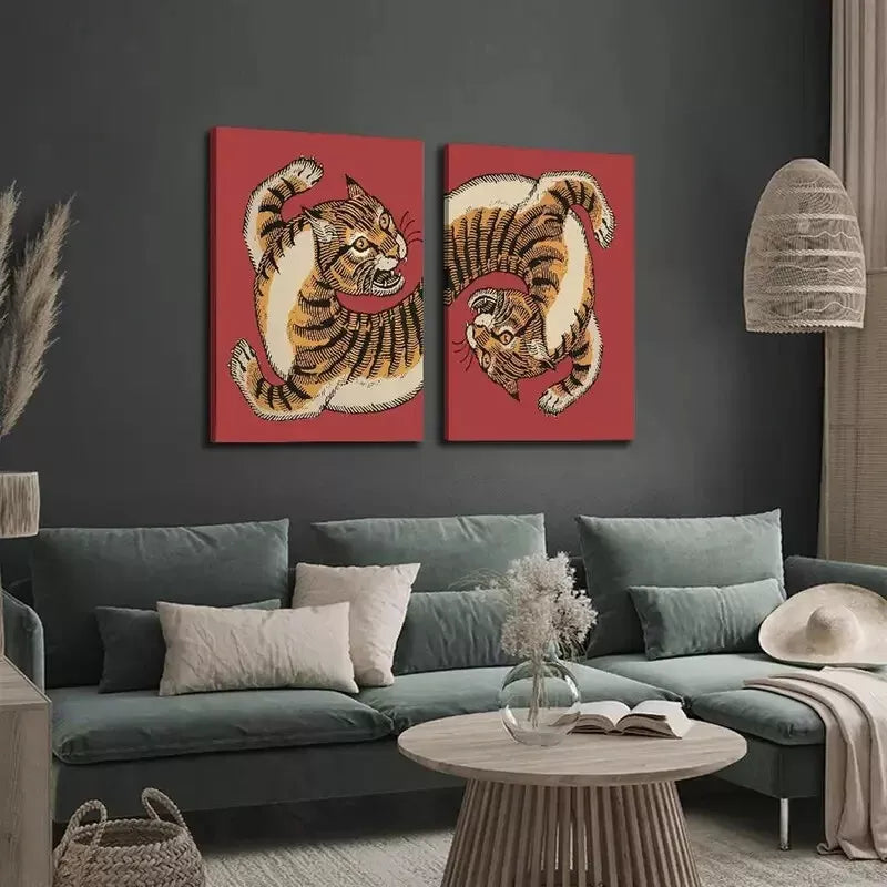 2pcs Decorative Painting, Tiger, Retro Painting Decoration Canvas Framed 50x75cm - High Quality Print 100% Australian Made Wall Canvas Ready to Hang