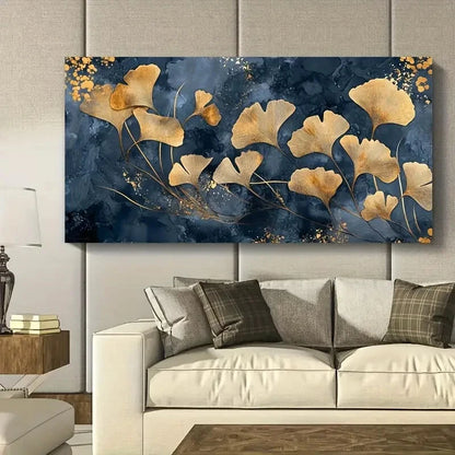 Gold Leaves Blue Abstract wall canvas office home room framed 120x60cm
