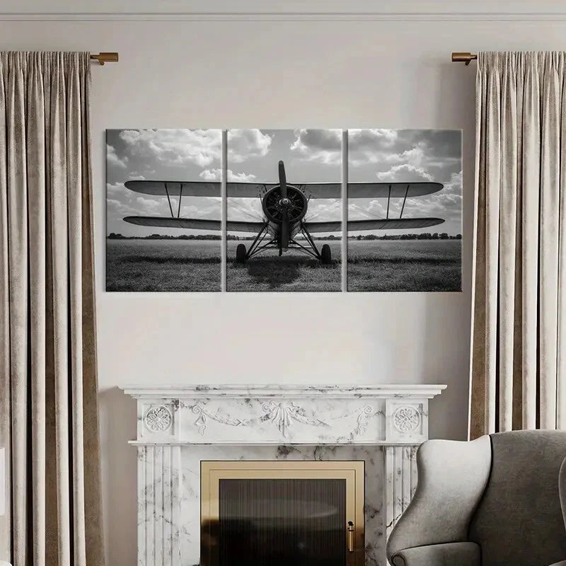 3pcs Black & White Plane Print with Cloudy Sky Metal Print Ready to Hang Art