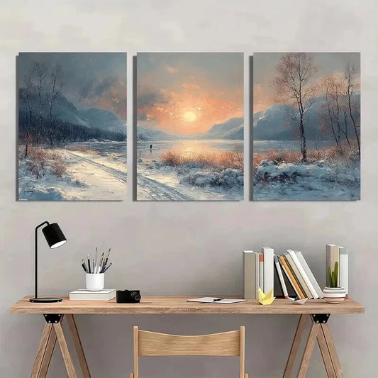 3pcs Snowy Mountain River Scene with Bare Trees Wall Art Set Canvas Framed 40x60cm - High Quality Print 100% Australian Made Wall Canvas Ready to Hang