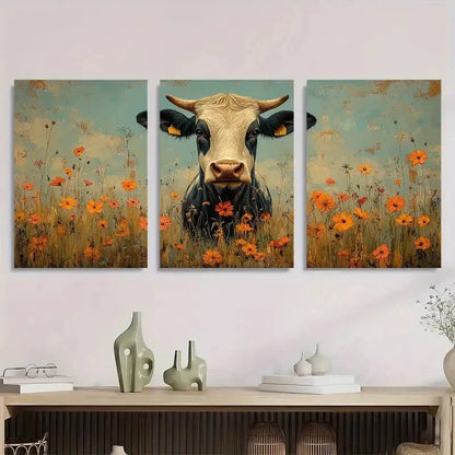 3pcs Rustic Cow And Floral Farmhouse Style Metal Print Ready to Hang Art