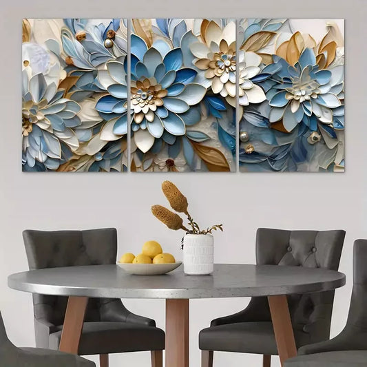 3pcs Blue White & Gold Abstract Flower Canvas Framed 40x60cm - High Quality Print 100% Australian Made Wall Canvas Ready to Hang