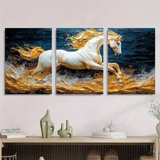 3pcs Golden Horse Elegant Animal Themed Metal Print Ready to Hang Art