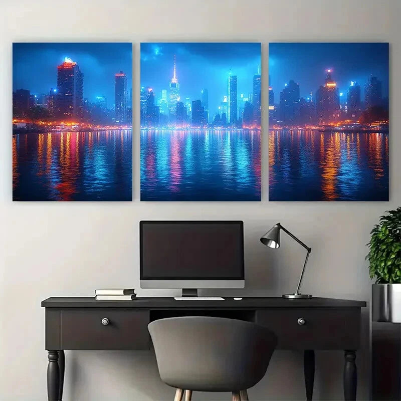 3pcs Illuminated Urban Skyline Night Cityscape Metal Print Ready to Hang Art