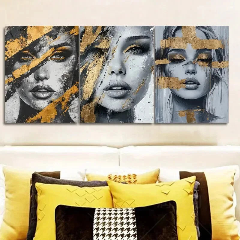 3pcs Abstract Woman Faces Black Golden & Gray Metal Print Ready to Hang Art