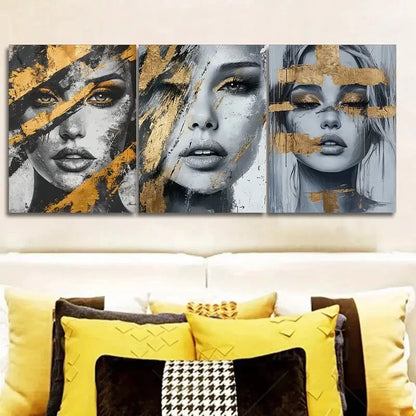 3pcs Abstract Woman Faces Black Golden & Gray Metal Print Ready to Hang Art