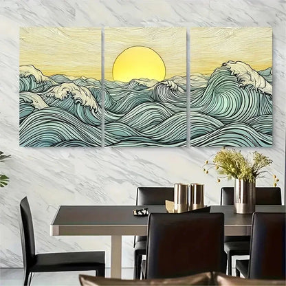 3pcs Japanese Ocean Sunrise Blue & Yellow Wave Metal Print Ready to Hang Art