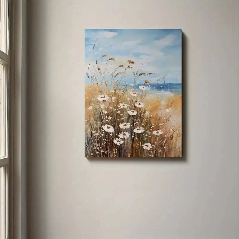Beautiful Coastal Wildflower Field Painting 40x60cm Metal Print Ready to Hang