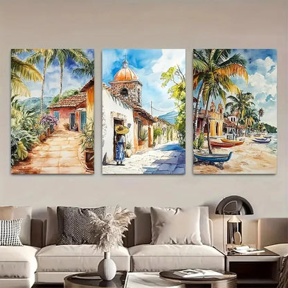 3pcs Traditional Mexican Landscape Paintings Metal Print Ready to Hang Art