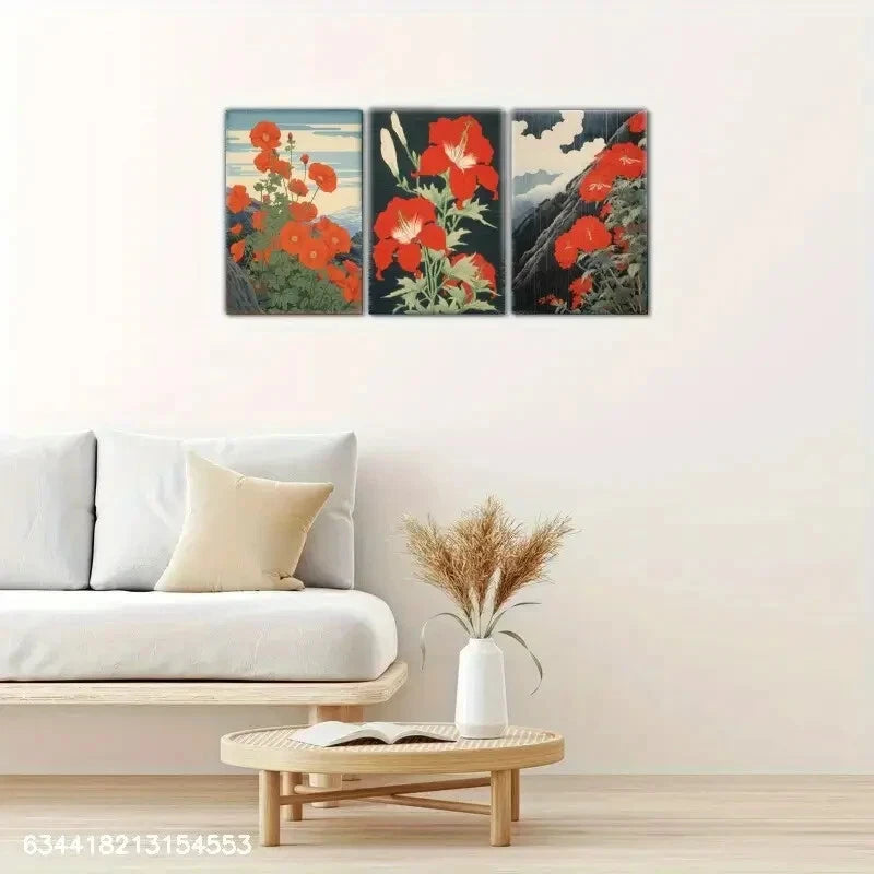 3pcs Red Flower Art Decoration Poster Beautiful Metal Print Ready to Hang Art