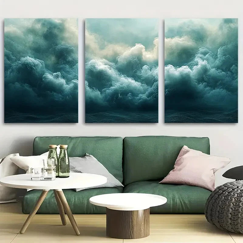 3pcs Minimalist White Cloud on Green Metal Print Ready to Hang Art