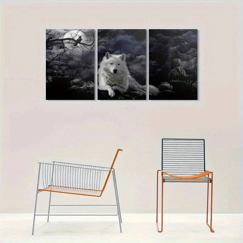 3pcs Moonlit Wolf Surreal Night Forest Metal Print Ready to Hang Art