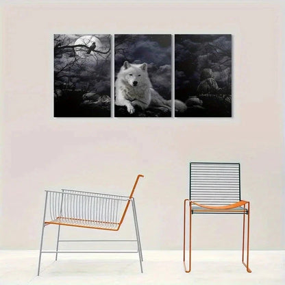 3pcs Moonlit Wolf Surreal Night Forest Metal Print Ready to Hang Art