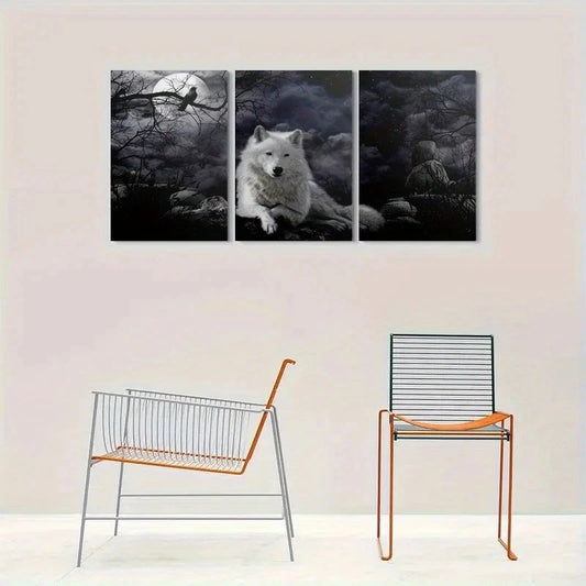 3pcs Moonlit Wolf Surreal Night Forest Metal Print Ready to Hang Art