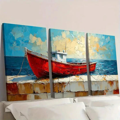 3pcs Vibrant Impasto Seascape with Red Boat F Wall Art Set Canvas Unframed - High Quality Print 100% Australian Made Wall Canvas - Bella Home Decor
