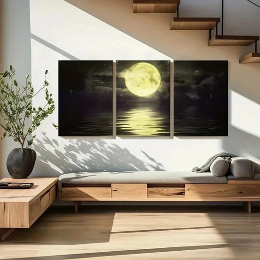 3pcs Full Moon Ocean Natural Landscape Wall Art Set Canvas Framed 40x60cm - High Quality Print 100% Australian Made Wall Canvas Ready to Hang