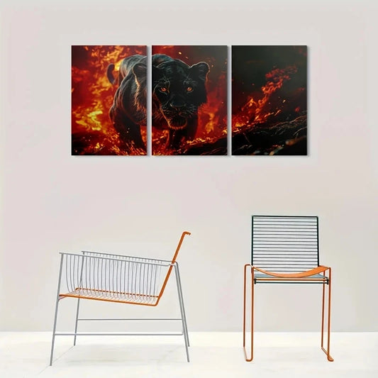 3pcs Black Panther Modern Stunning Golden Metal Print Ready to Hang Art