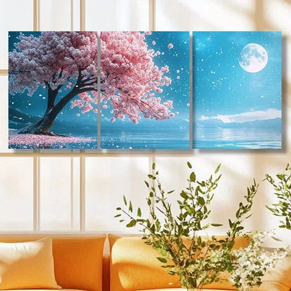 3pcs Cherry Blossom Tree & Moonlit Night Scene Metal Print Ready to Hang Art